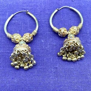 Vintage sterling silver ornate earrings with tiny bells station, dangle and ring